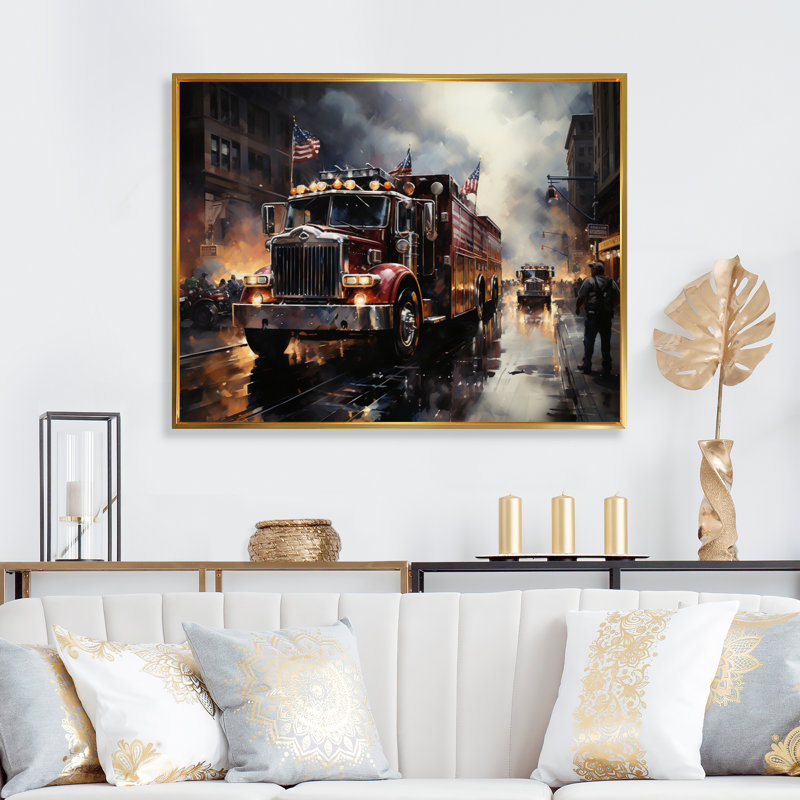 Fire Truck I, reproduction d'art sur toile, H 12 po x l 20 po x P 1 po, Cadre flottant doré