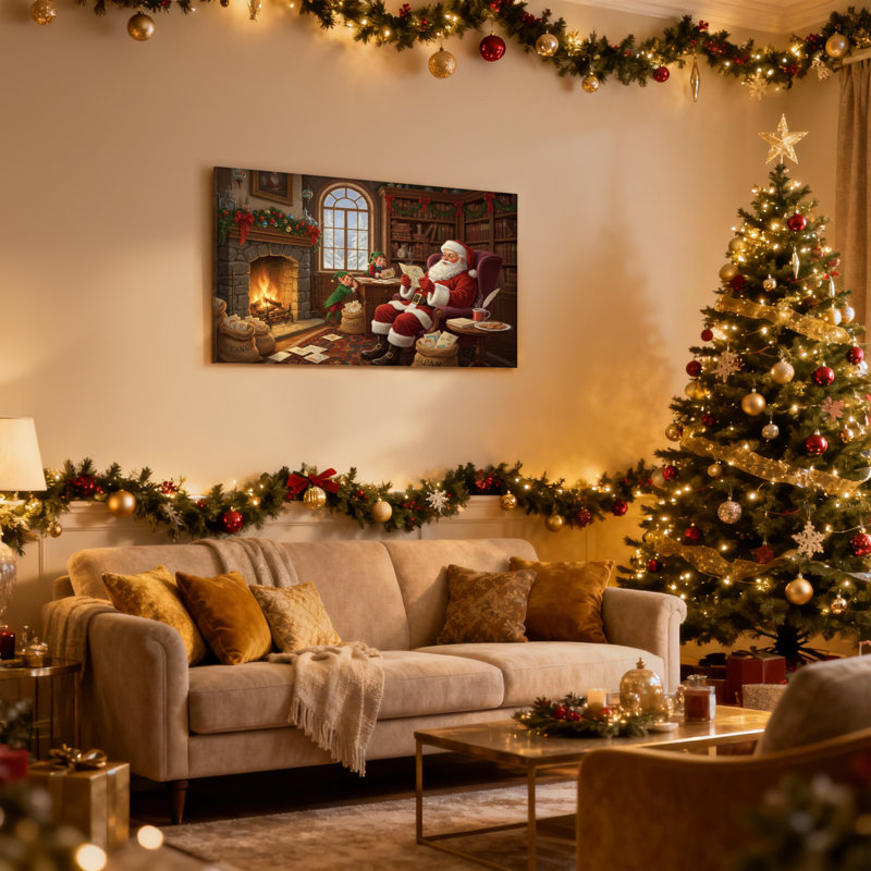 Ensemble de 3 impressions sur toile, père Noël, lecture de lettres avec des elfes en atelier, H 12 po x l 18 po