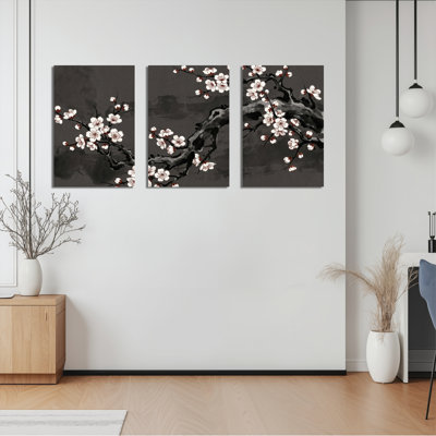 Fleurs de cerisier branches noires et blanches de style oriental sur toile tendue, ensemble de 3 reproductions d'art