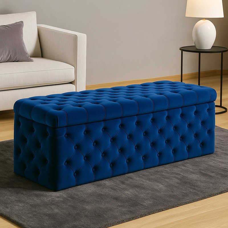 Lux Wide Velvet Chesterfield Rectangle Solid Color Standard Ottoman Box with Storage, 120cm W x 42cm D x 40cm H