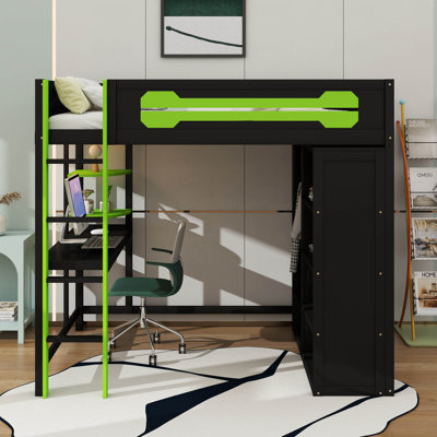 Loft Bed With Gaming Desk & Wardrobe & Charging Station & RGB Light, Wooden Loft Bed With Shelves, DIY Pegboard