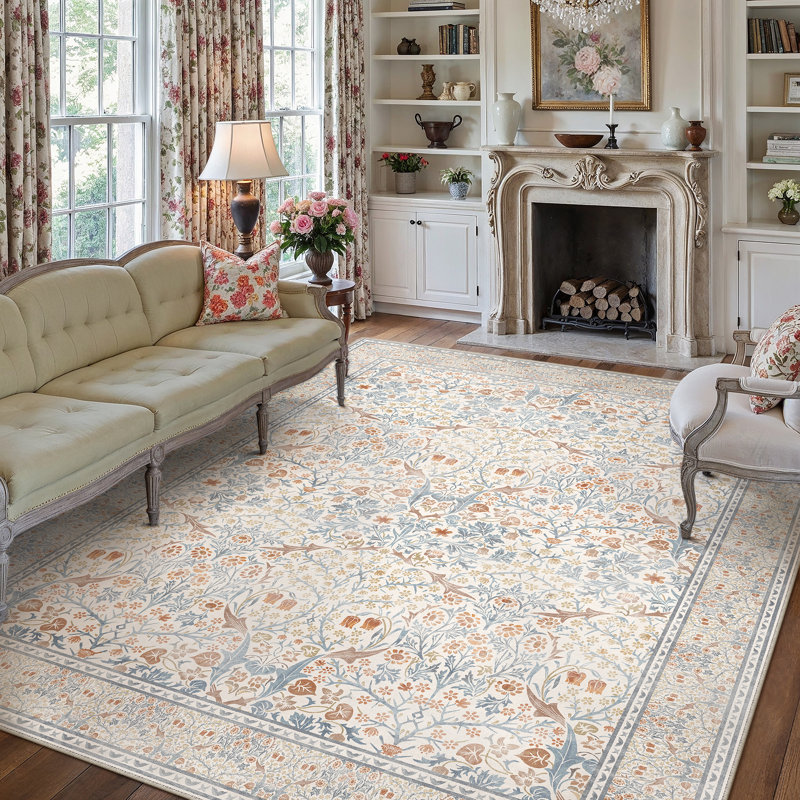 Tapis floral lavable à la machine avec envers antidérapant Alora, Beige, 0.28", Rectangle 9 pi x 12 pi