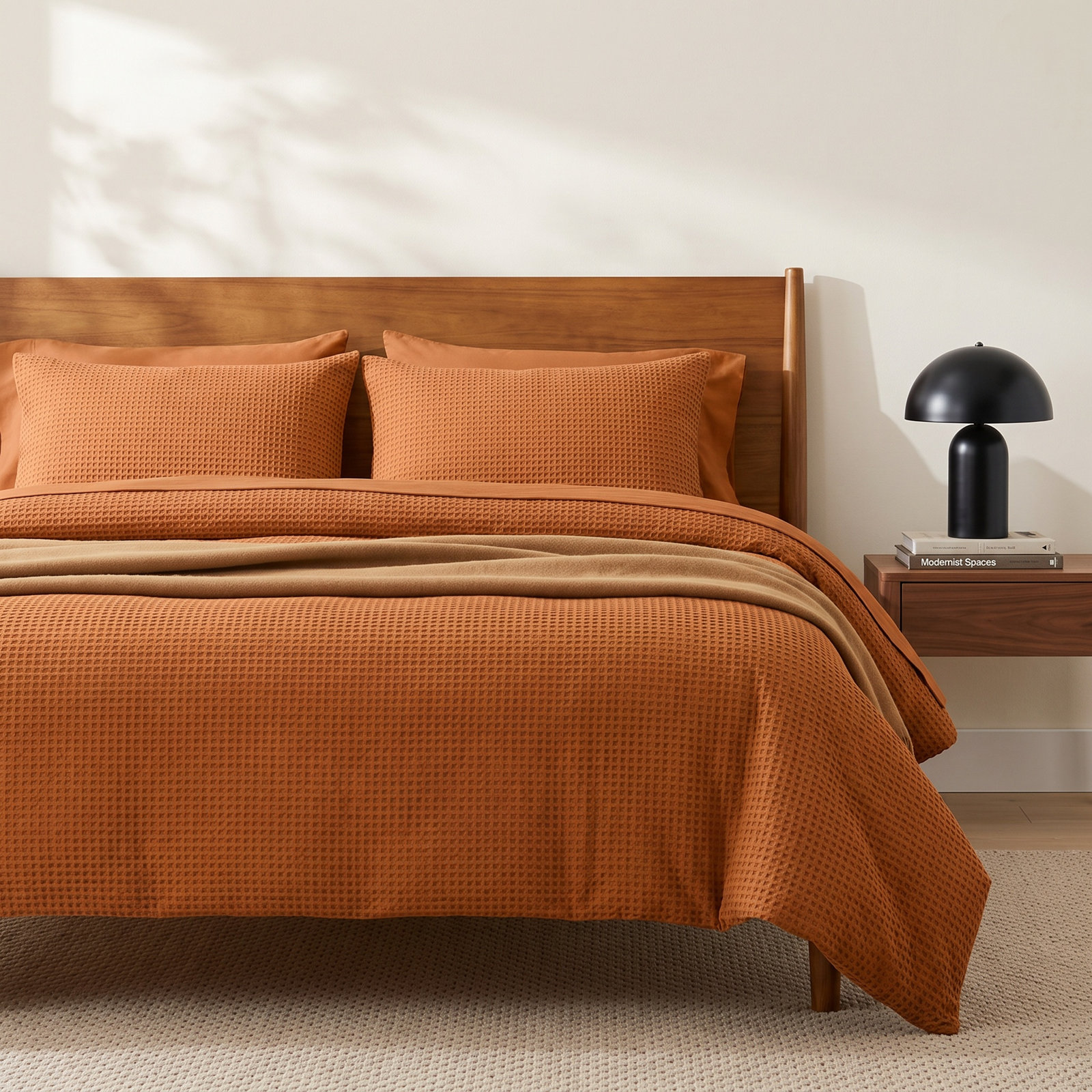Felix Waffle Cotton Comforter Set, Full / Queen Comforter + 2 Standard Shams, Rust