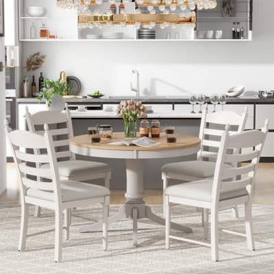 5-Piece Retro Functional Dining Table Set Wood Round Extendable Dining Table And 4 Upholstered Dining Chairs