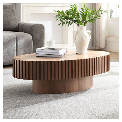 Table basse ovale moderne de style tambour, table centrale elliptique de 111 cm avec pied central, finition noyer en MDF pour salon