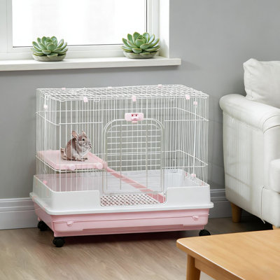 Pink Small Pet Cage With Universal Wheels, Suitable For Guinea Pigs, Rabbit , Removable Tray, Comfortable Platform, Easy To Move House Wheels Pets, Cage, Great Chinchillas, Metal, Top And Front