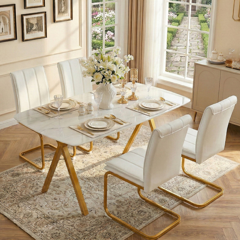 Table de salle à manger rectangulaire en verre trempé - Motif marbré avec pieds dorés, style restaurant