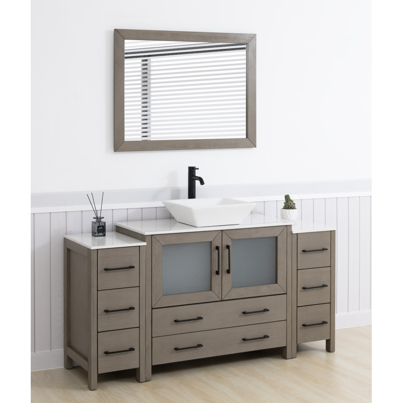 Meuble-lavabo simple 60 po avec plateau en marbre d'ingénierie avec miroir, Bois flottant gris, Noir mat