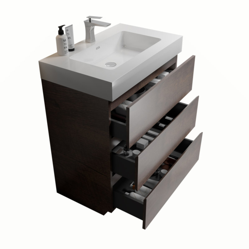 Meuble-lavabo autoportant de 30 po avec lavabo, grand meuble-lavabo autoportant pour salle de bain moderne, lavabo une pièce noir sans drain ni robinet, pré-assemblé