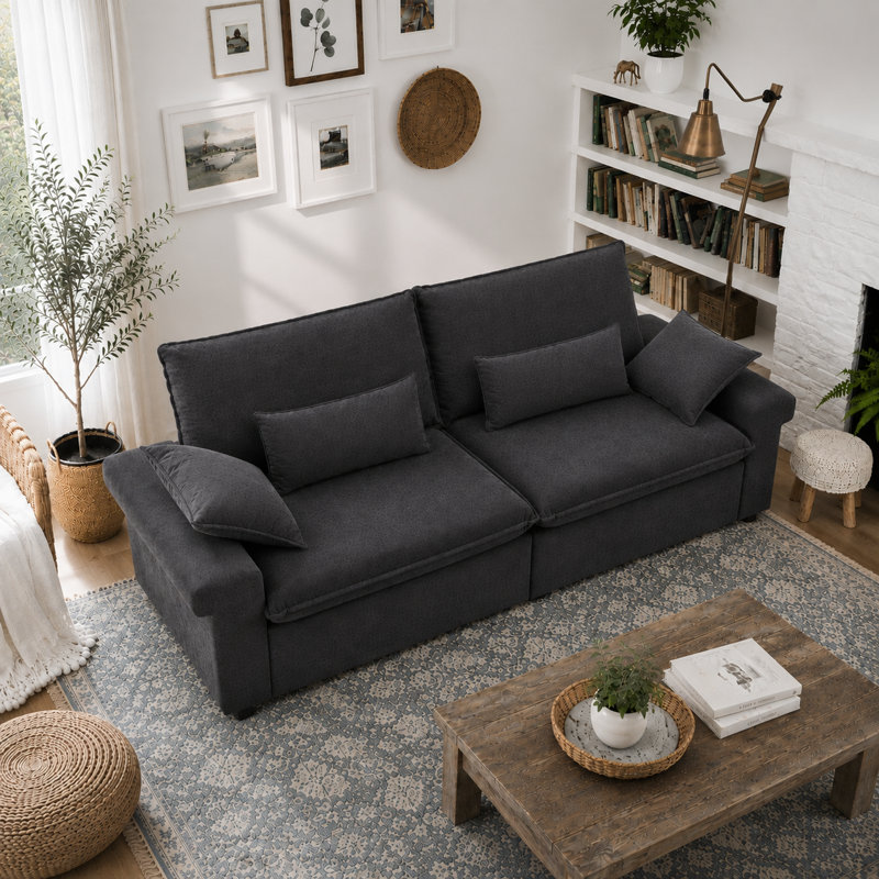 94” Chenille Casual Upholstered Cloud Sofa with 4 Throw Pillows, Dark Gray