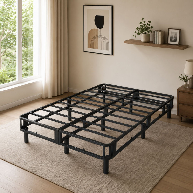 Structure de lit en fer plat 14 po avec housse Andrew, aucun sommier nécessaire, Queen
