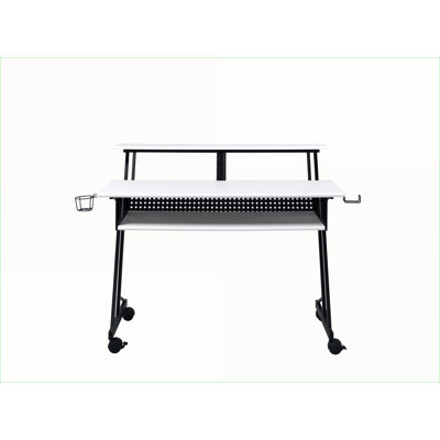 Desks: Music Recording Studio Desk with Storage &amp; Sliding Keyboard Tray, 47”L x 18”D, White &amp; Black | Metal | Synthetic Wood