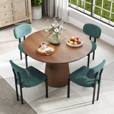 43.31 Inch Round Pedestal Dining Tables with Wood Strip Base, Modern Farmhouse Kitchen Table, Circle Dining Table with Wood Strip Base, Kitchen & Dining Room Table