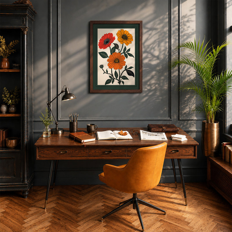 Daisy Study Botanical - Framed Print, A4 - 29.7 x 21.0 cm, Walnut