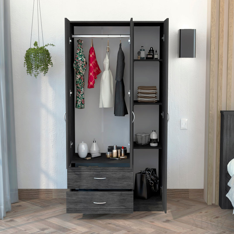 Armoire 3 portes avec deux tiroirs, tablettes et tringle - chêne fumé. Blanc, Smoke Gray