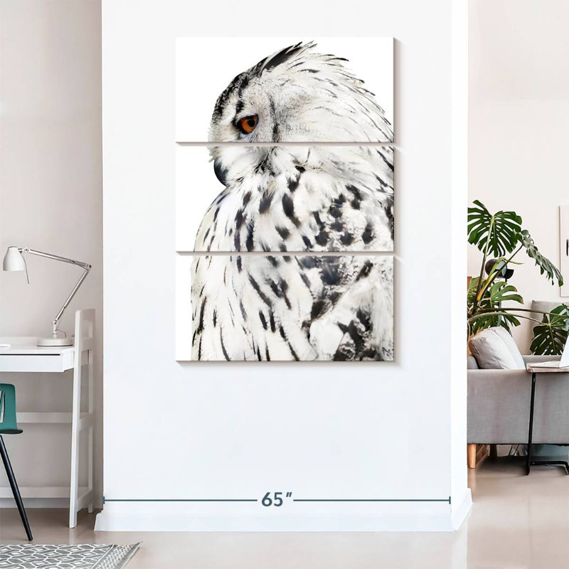 Chouette effraie blanche sur toile, 3 pièces, H 74 po x l 48 po