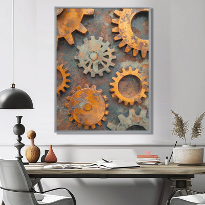 Gear Wall Art Industrial, Rust Metal Canvas, Rust-Toned Gears In Motion