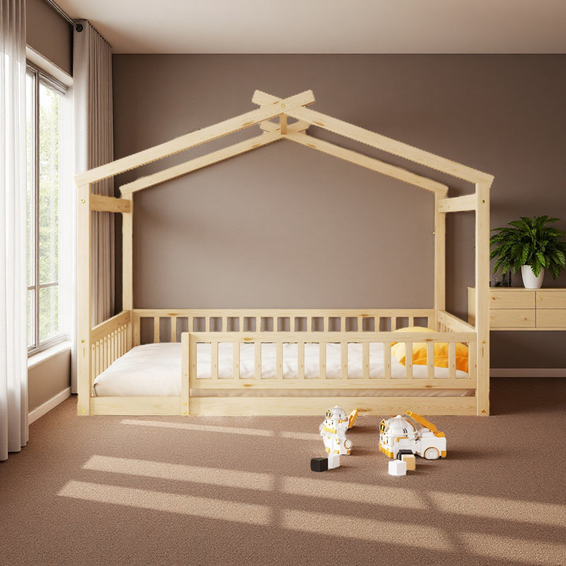 Wood Bed House Bed Frame With Fence, Natural, Full