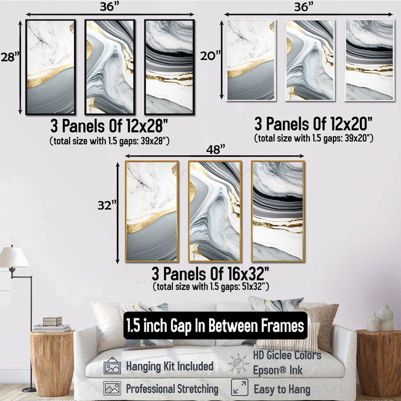 «Abstract Geode Marble Waves Grey II», reproduction sur toile 3 pièces, Cadre flottant noir, H 28 po x l 36 po x P 1 po
