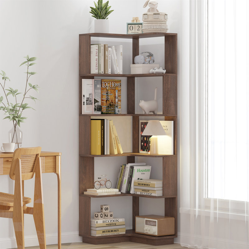 Bibliothèque de coin en L à 6 niveaux pour salon, Marron foncé