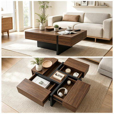 Expandable Coffee Table with 4 Hidden Storage Compartments - Mid Century Modern Center Table - Sliding Top - Wood Grain Adjustable Square for Living Room - Small Space Furniture - Vintage Color