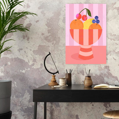 Fruit In Striped Bowl Colourful Modern Playful Cherry Fruit Summer Wall Art