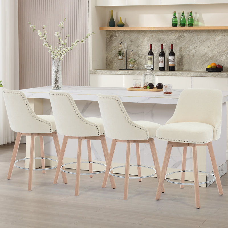Swivel Upholstered Counter Stool And Bar Stools With Full Back And Solid Wood Frame, 4, Beige Seat/Black Frame