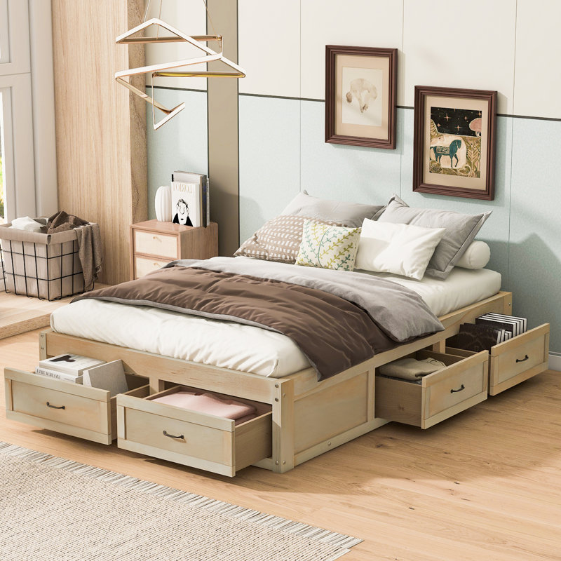 Delano Wooden Platform Bed Frame with 6 Storage Drawers, Antique Natural, Full