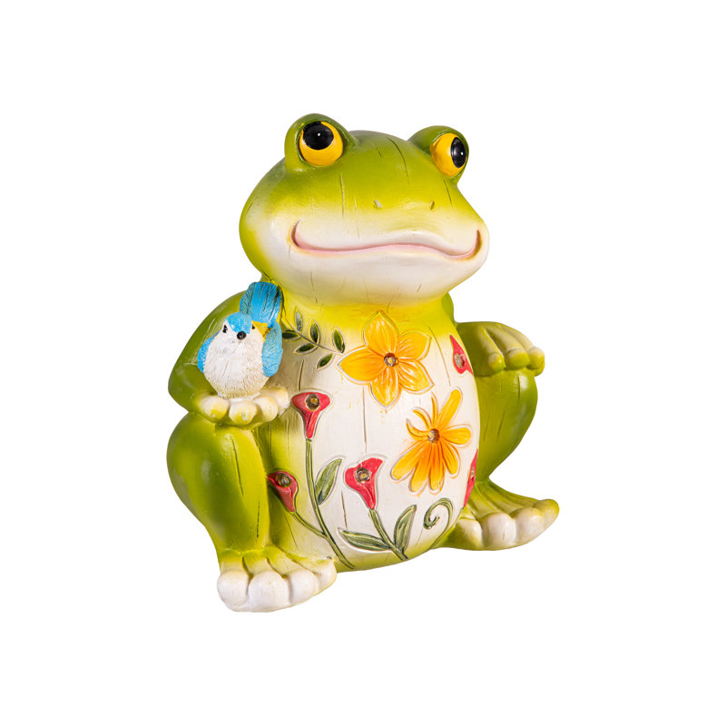 Statue de jardin DEL en résine avec grenouille et oiseaux, 8 po
