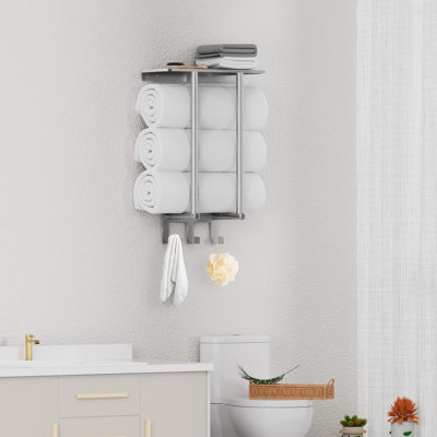 Porte-serviettes mural avec tablette et 3 crochets - Rangement pour serviettes en métal robuste