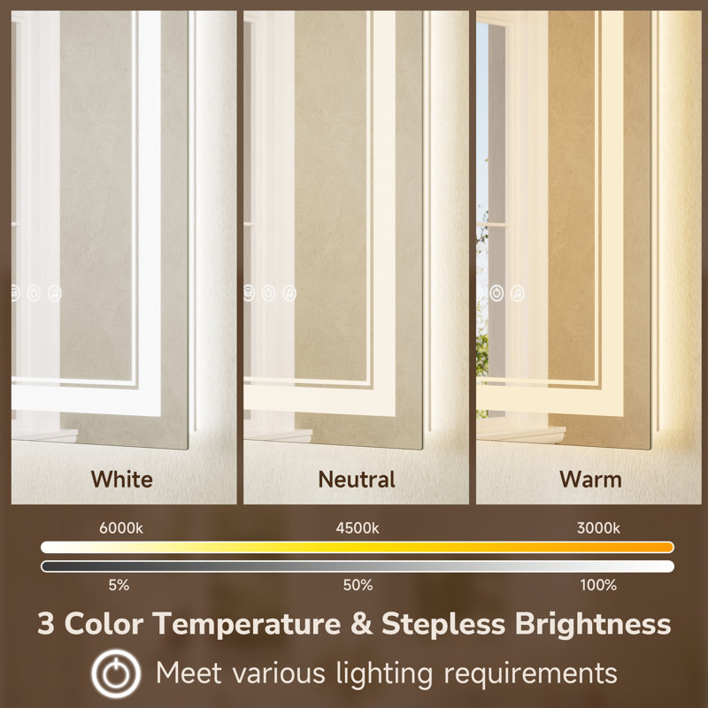 Bluetooth LED Bathroom Mirror Frontlit And Backlit, 3 Colors Temperature & Dimmable Light, Defog, Tempered Glass Vanity Mirror