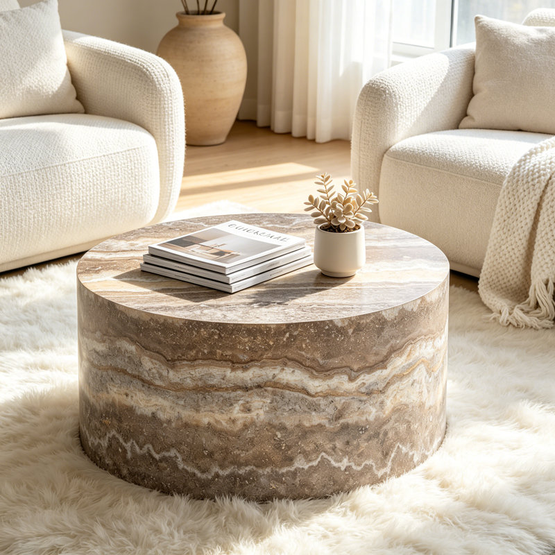 Table basse ronde en bois aggloméré à motif de pierres précieuses, 23,6 po de diamètre x 11,8 po de hauteur, matériau de salon en bois aggloméré. Convient aux salons de style industriel ou minimaliste.