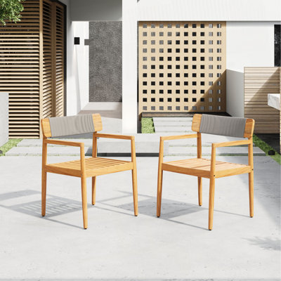 CREATIVE BRAIDED ACACIA WOOD OUTDOOR DINING CHAIRS WITH ARMRESTS, SUITABLE FOR OUTDOOR DINING AND LEISURE PLACES, TEAK LOOK  GREY ROPE,SET OF 2