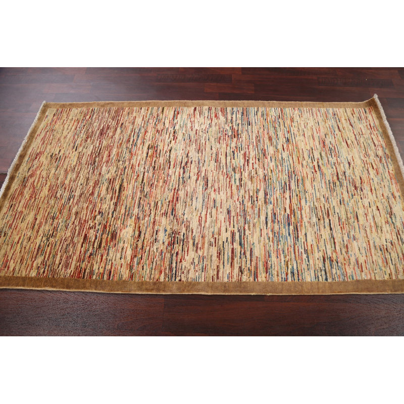 Tapis multicolore en laine noué à la main de conception unique 3 pi 8 po x 6 pi 6 po Telemanus