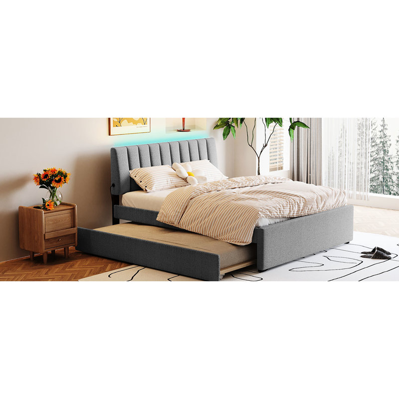 Lit plateforme tapissier avec lit gigogne, tête de lit lumineuse et port USB, Double, Gris