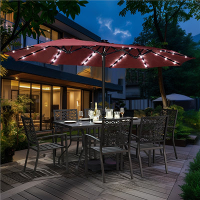 Harworth 15×9ft Rectangular Lighted Market Umbrella with Base & 36 LED Lights, Burgundy