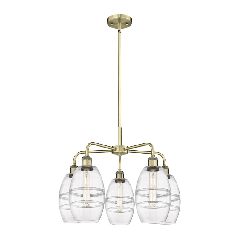 Lustre rond / ovale à abat-jour 5 lumières, H 13,63 po x l 23,88 po x P 23,88 po, Transparent, Laiton antique