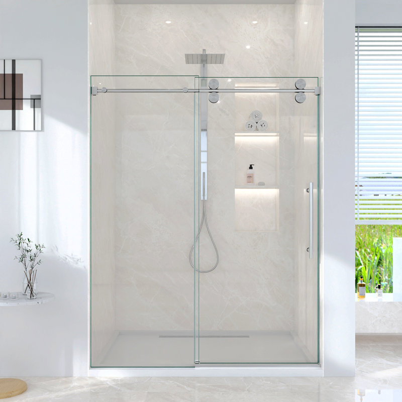 Porte de douche coulissante simple sans cadre l 56 à 60 po x H 72 po - verre trempé transparent de 5/16 po (8 mm), conception à dérivation