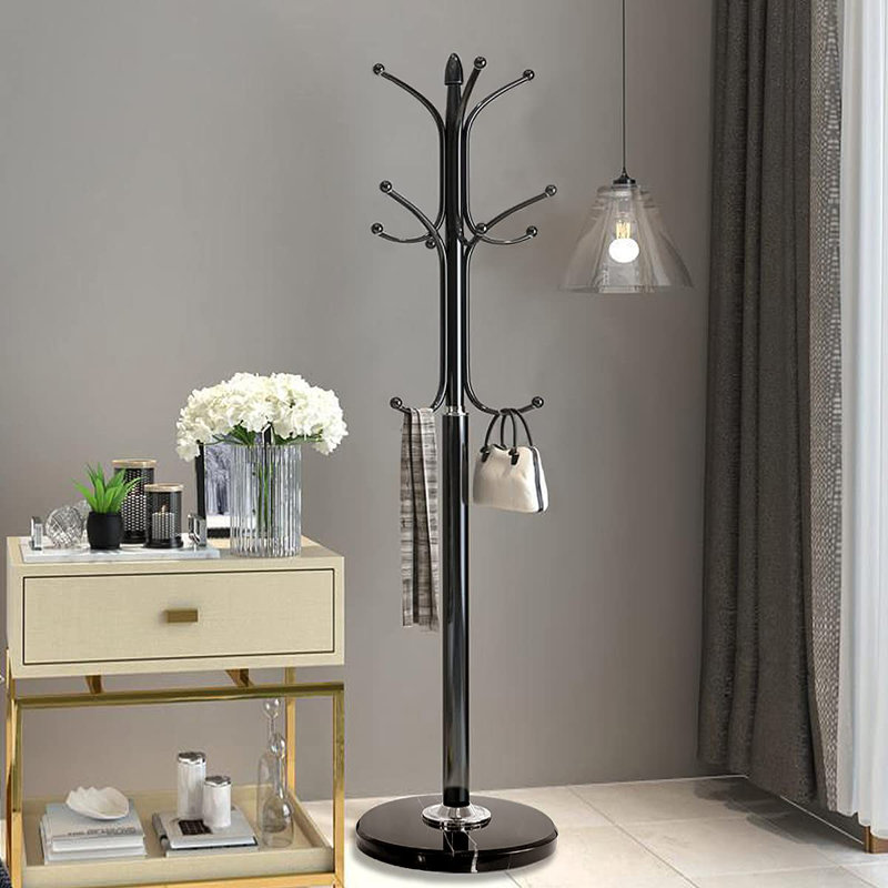 Metal Coat Rack With Natural Marble Base And 12 Hooks, Black