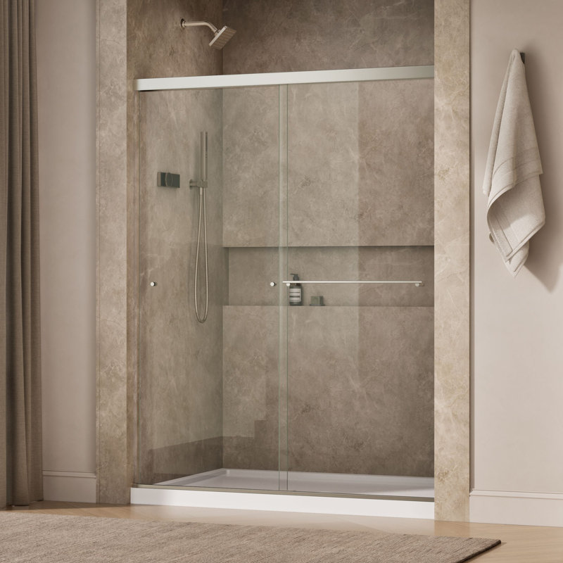 Revel 59.63'' x 76'' Double Sliding Shower Door with CleanCoat Technology, Crystal Clear, Anodized Brushed Nickel