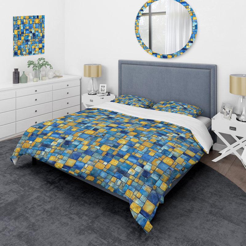 Carreaux de mosaïque bleu jaune II - ensemble de housse de couette moderne, Queen Duvet Cover + 2 Standard Shams