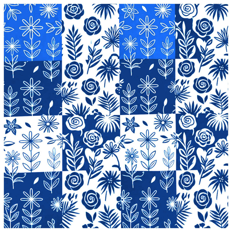 Tapis de bain bleu et blanc à motif floral, L 34 po x L 21 po