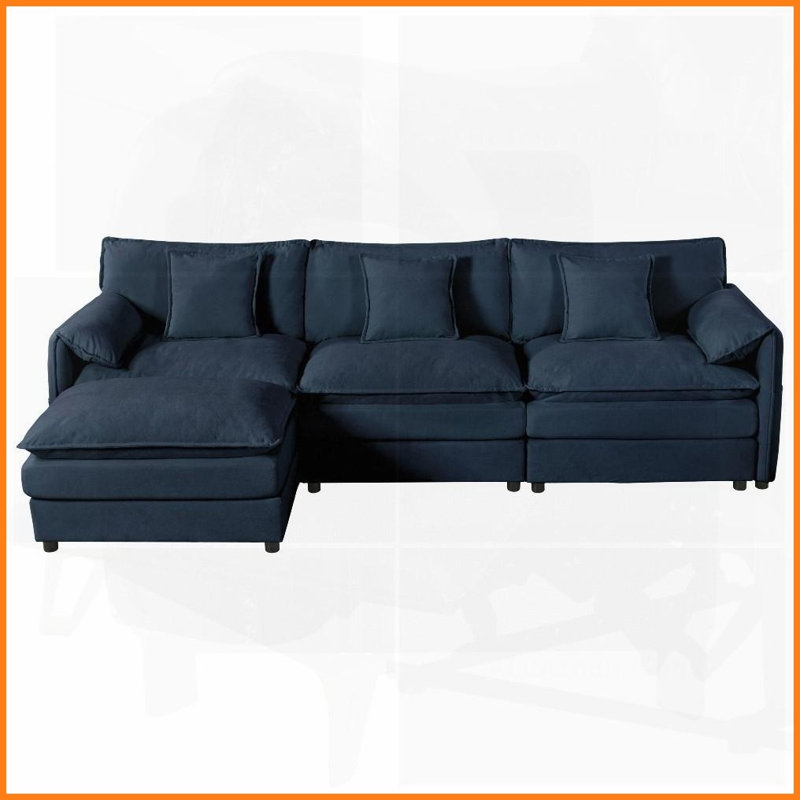 Canapé modulaire en L en chenille moderne à 3 places avec repose-pieds mobile pour salon, bleu, Bleu