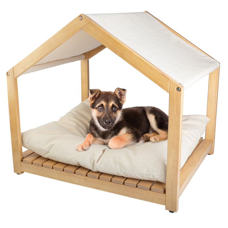 Small Natural Wood Indoor Dog House with Cushion and Canopy