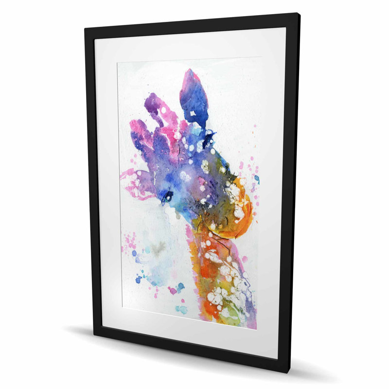 Girafe abstraite avec éclaboussures de couleur | Reproduction encadrée avec passe-partout, H 36 po x l 24 po