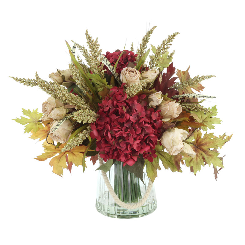 Fall Hydrangea and Rose Arrangement in Glass Vase