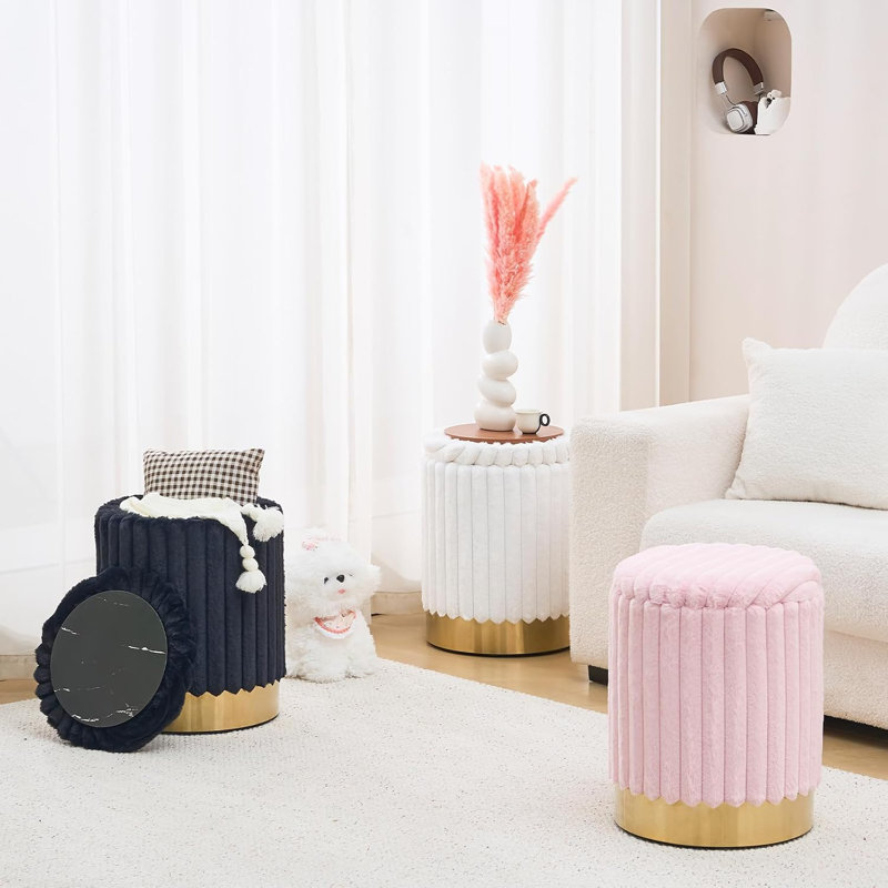 Repose-pieds rond en velours avec rangement, Blanc