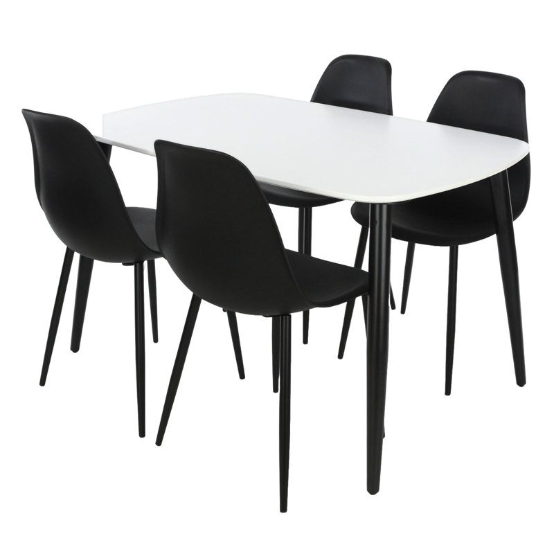 Huetter 5-Piece Casual Dining Set - Spacious Rectangular Table & 4 Curved Plastic Chairs, White, Black