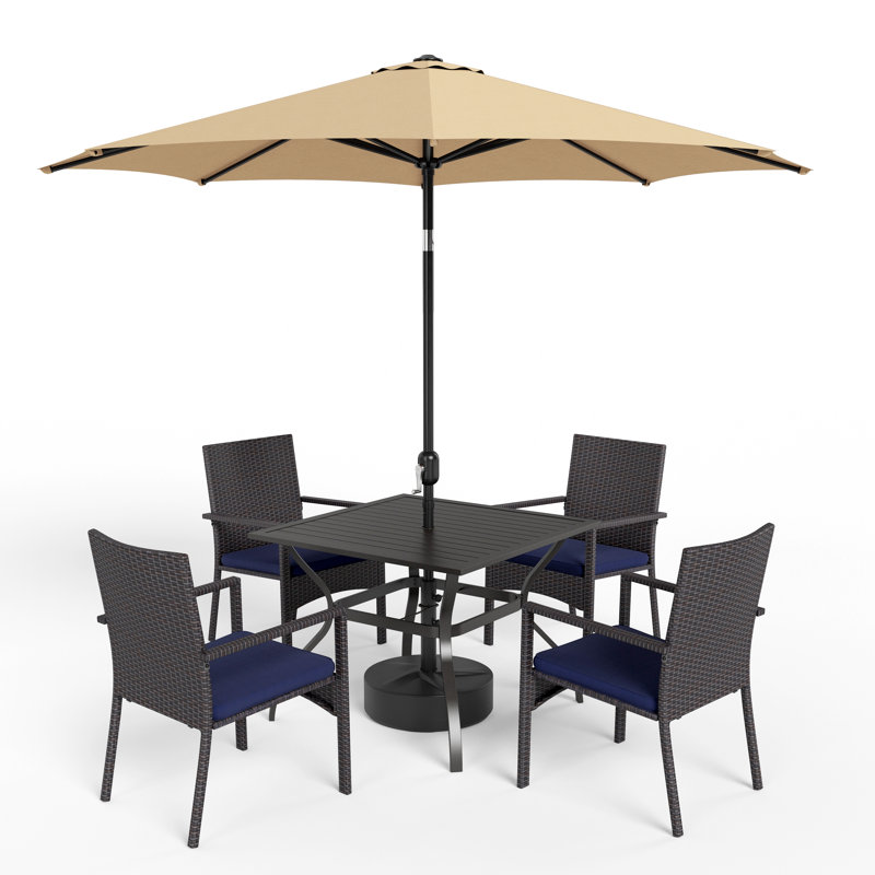 6 Pcs Patio Dining Set 4 Rattan Armchairs And Square Metal Table With Umbrella, Beige