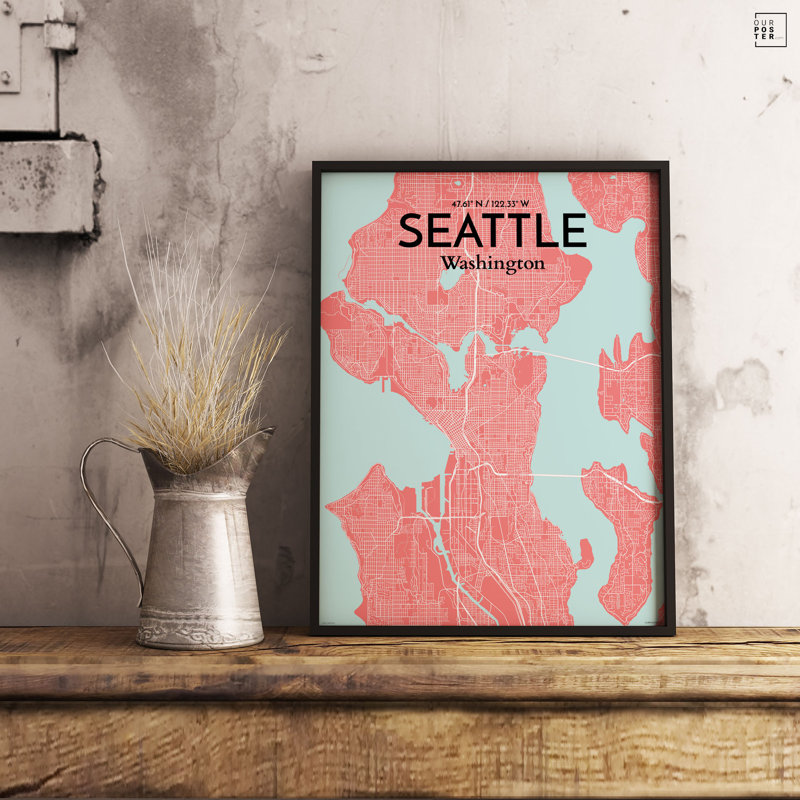 « seattle city map », reproduction d’impression sur affiche en mer, H 24 po x l 18 po